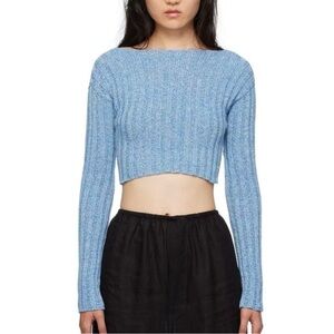 Baserange Macau Sweater Blue Melange Ribbed Boat Neck Crop Long Sleeve Knit Top